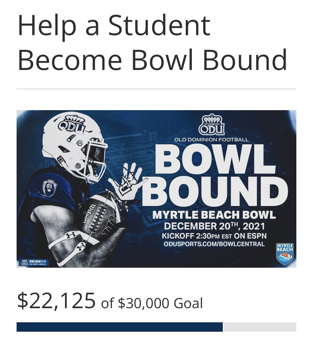 Good Morning, Monarch Nation!

The <a href="/OldDominionAF/">ODAF</a> would like to thank everyone that has already participated in this initiative, but we’ve still got work to do!!

Help us reach our goal of raising $30,000 to send 1,000 <a href="/ODU/">Old Dominion University</a> students to the <a href="/MBBowlGame/">Myrtle Beach Bowl</a>

💰: bit.ly/33rDpa5
