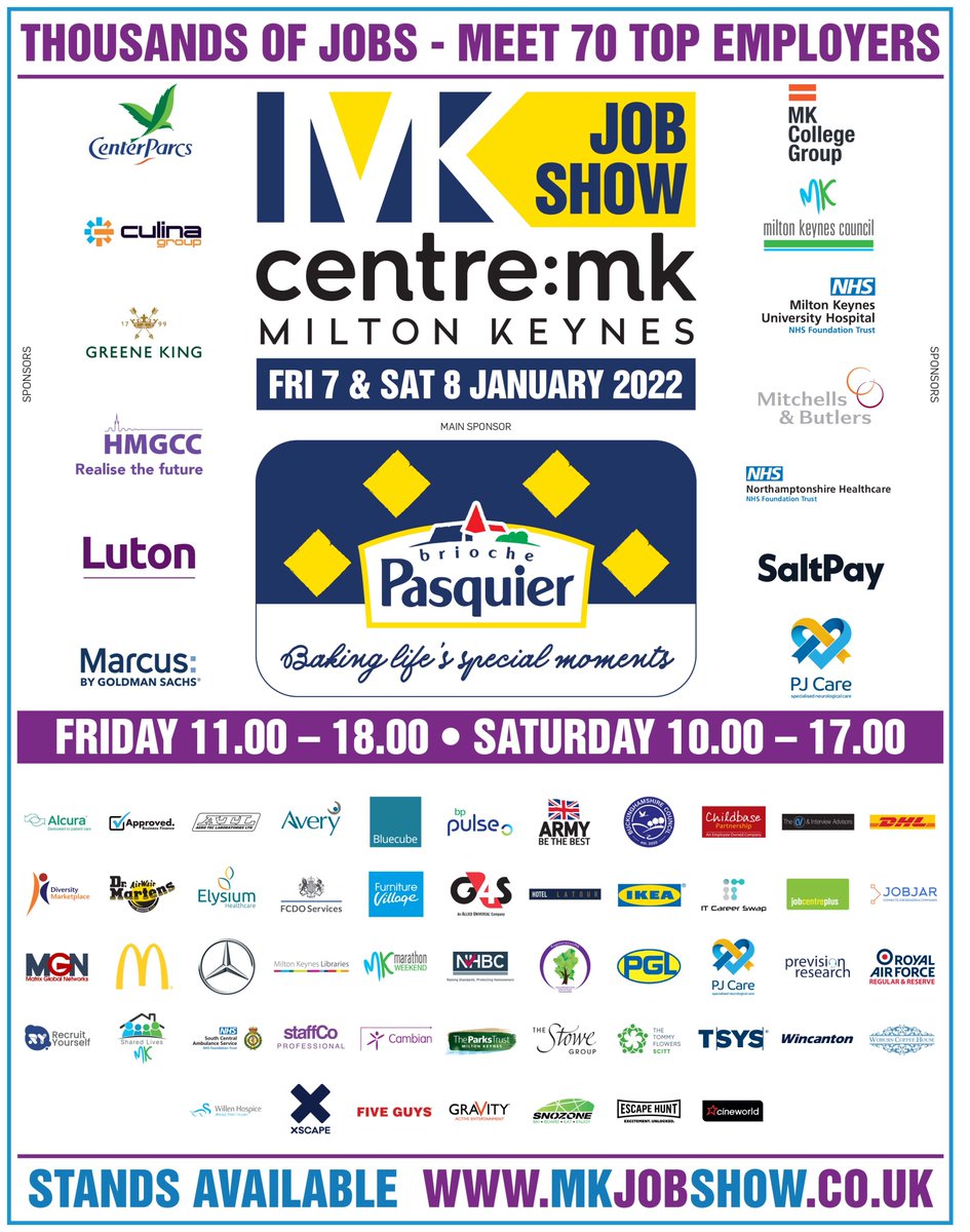 FREE event this January!

Join us at centre:mk for the region's biggest job show!

🏢 70+ Employers
💼 Thousands of Jobs
🎙️ Career Workshops &amp; Seminars
📝 CV Clinics

Register for FREE here 👉 MKJobShow.co.uk

#MKJobShow #MiltonKeynes #BedfordshireJobs