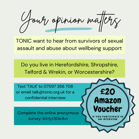 WMRSASC's tweet photo. How do we best make sure survivors of sexual assault or abuse in West Mercia are supported? Your opinion matters – let TONIC know your thoughts: https://t.co/A8QBMZPJot https://t.co/bNW8HDCmBA