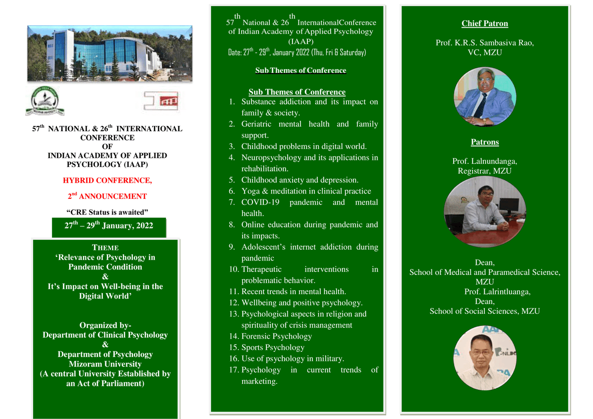 _IPN_org's tweet photo. Link for online registration:
https://t.co/3b3mXo7s3f
The Department of  Clinical Psychology &amp; Department of Psychology, Mizoram University is organizing 57th National  &amp; 26th International Conference of Indian Academy of Applied Psychology (IAAP) 2022 from 27th – 29th Jan, 2022. https://t.co/JspZrBE8T9