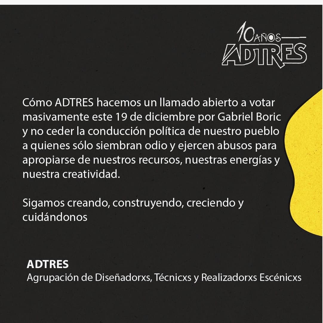 Como Agrupación queremos compartirles una declaración realizada por nuestros miembros, frente a las elecciones presidenciales de este domingo 19 de diciembre.

¡Sigamos creando, construyendo, creciendo y cuidándonos!

VOTA 1. Vota Gabriel Boric

#10añosADTRES