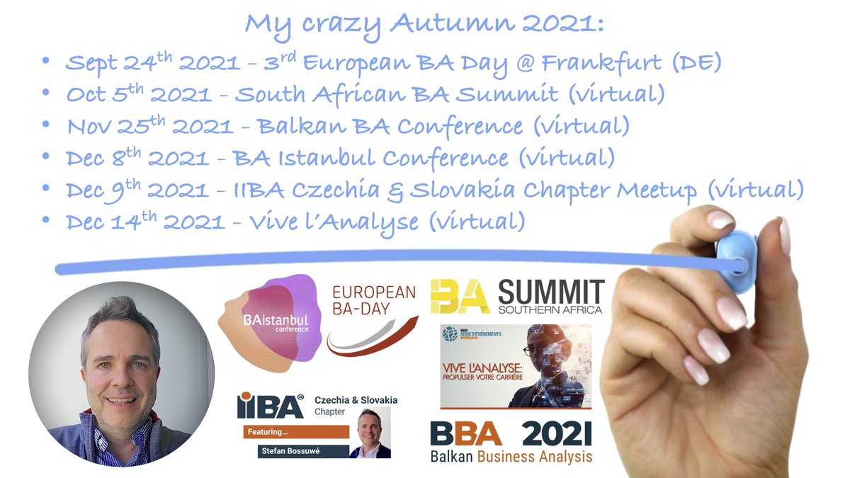 StefanBossuwe's tweet photo. (1/4) This Autumn was really crazy. In less than 3 months I spoke at 5 conferences (of which 1 in-person - for the first time in 2 years) and 1 webinar.
#BusinessAnalysis #BADAY2021 #BADAY #BASummit2021 #BASummitSA
#BBA2021 #BAIstanbul2021 #BAIstanbul #VivelAnalyse https://t.co/IYVSvvKHGi