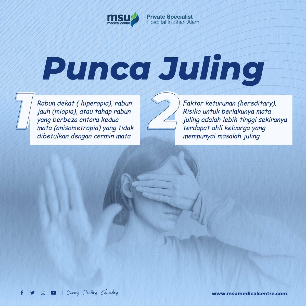 msumcmalaysia's tweet photo. Mata juling boleh berlaku kerana kerosakan saraf atau apabila otot sekeliling mata tidak dapat berkerjasama kerana kekuatan otot yang berbeza.Jika keadaan mata juling tidak dirawat, lama-kelamaan penglihatan mata yang lemah akan hilang.
#CaringHealingEducating
#MSUMC
#Juling https://t.co/wrpsYokUqO
