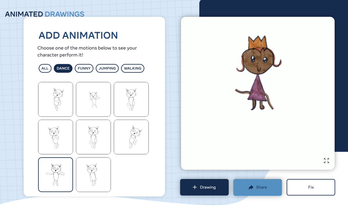 헐. 캐릭터 스케치를 올리면 형태와 관절을 분석해서 춤을 추거나 뛰거나 애니메이션 시켜 주는 메타의 ai 서비스. 애들이 그린 그림 애니메이션 만들어주면 좋아하겠네요. 👍 비슷한 서비스가 ar에 보여주는 게 있었는데 더 다양한 애니메이션을 제공하네요. #uxkr 
sketch.metademolab.com/canvas
