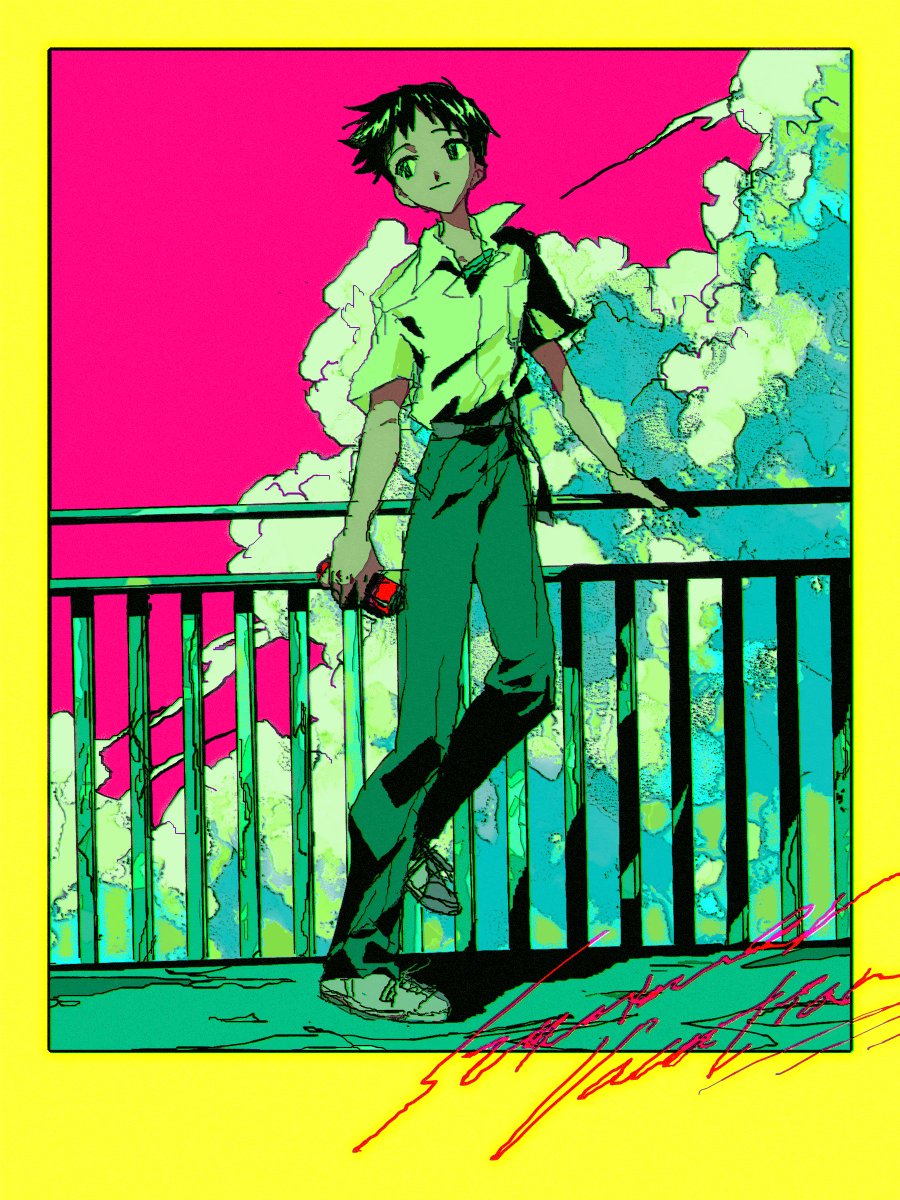 ikari shinji 1boy male focus solo cloud sky shirt railing  illustration images