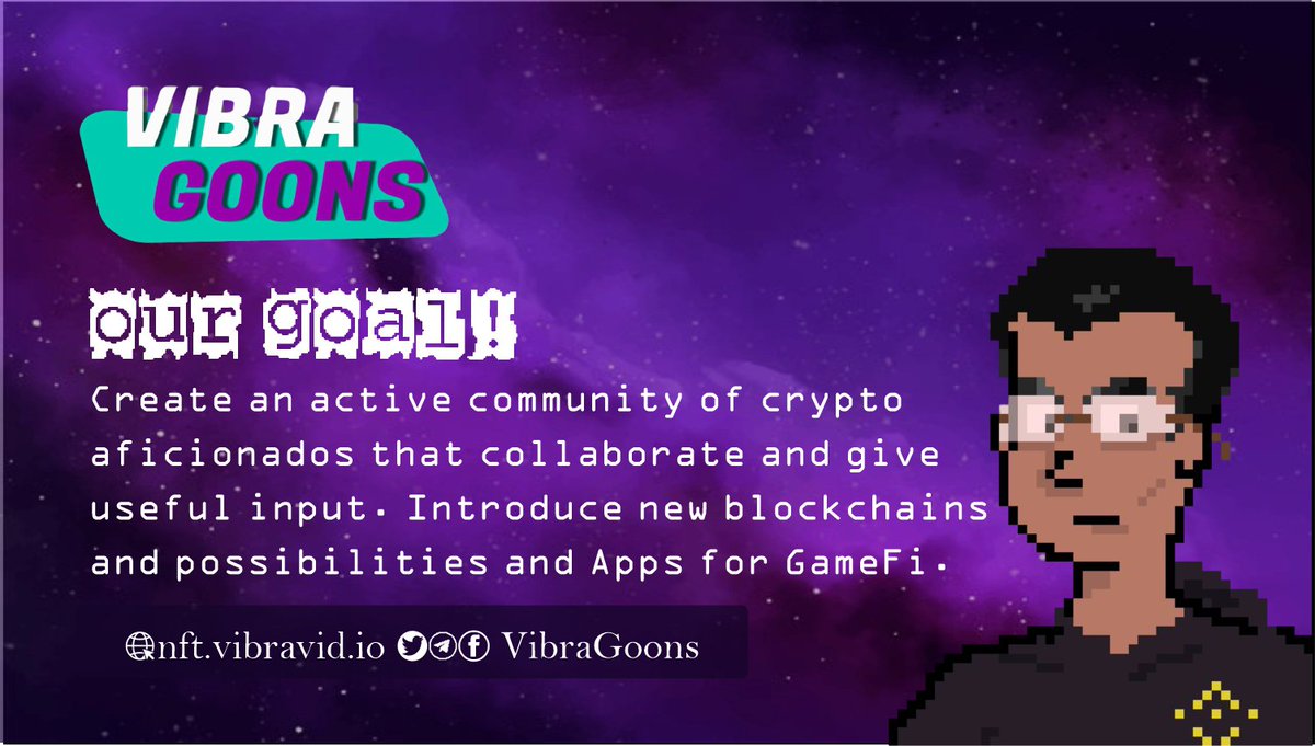 Every Goon has a story and you can tell us about it. 

Grow with us: 
discord.gg/2fj7pT5ScZ
t.me/beatzcoin10024…
facebook.com/groups/6234821…

Do you want to become a VIP Goon Holder? 
Mint here: nft.vibravid.io

#VibraGoon 
#GoonStory