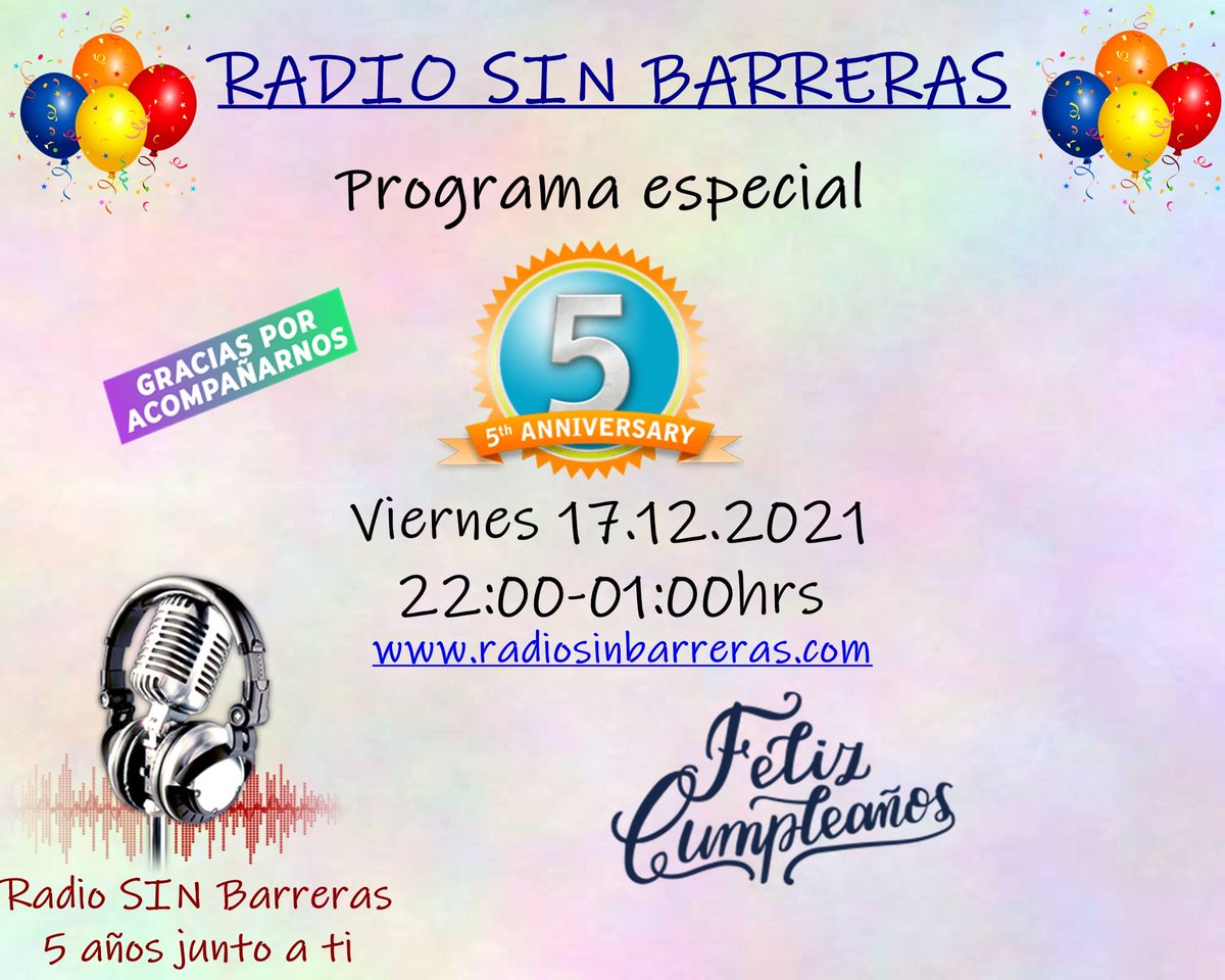 radiosinbarrera's tweet photo. Buenos días y feliz viernes!

Por fin llegó el día. Nuestro 5° Aniversario y os traemos un programa muy especial, en el que haremos un recorrido por estos 5 añitos a vuestro lado.
No os perdáis este gran programa
Esta noche, de 22:00-01:00hrs en https://t.co/wGgEmOCXFS https://t.co/d7PoJtMWlP