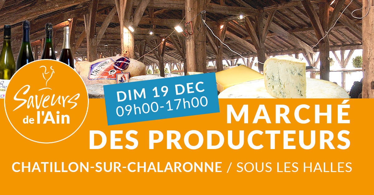 RDV Dimanche pour le marché #SaveursDelAin, sous les Halles de Châtillon-sur-Chalaronne avec les producteurs et chefs : la bonne idée de sortie juste avant les fêtes pour des emplettes gourmandes ! #gastronomie #agroalimentaire #marché #marchedenoel #produitsduterroir (avec pass)