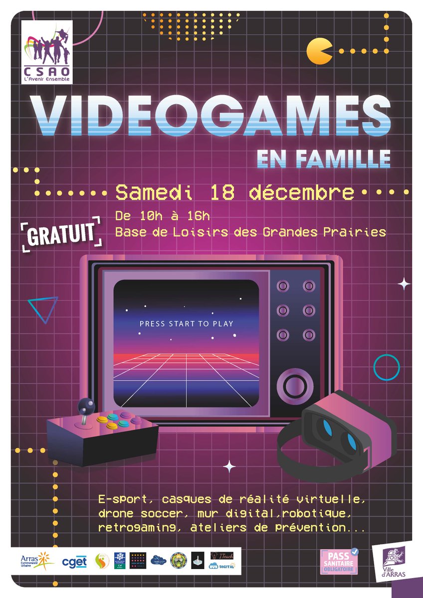 VilleArras's tweet image. 🎮  Le Centre Social #Arras Ouest vous donne rendez-vous pour Videogames en famille
📆 Samedi 18 décembre, 
🕙De 10h à 16h
📍Base de loisirs des Grandes Prairies 
🟢 Entrée gratuite 
✅ Au programme : 
➡️ E-sport, 
➡️ Réalité virtuelle
➡️ Drone soccer, 
➡️ Retrograming…