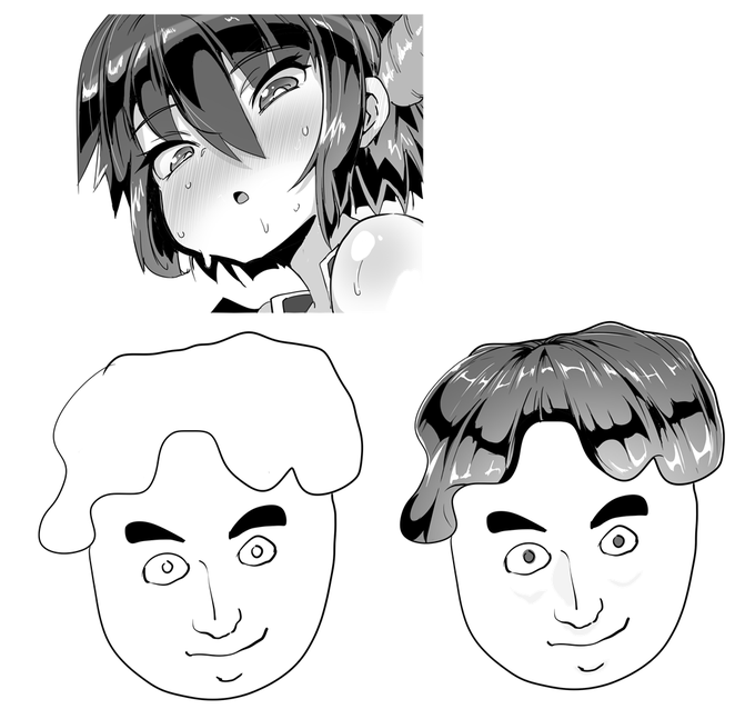 上の画像の女の子みたいな髪の塗りかたをすると、たいていの髪の毛なら美しく仕上げることができて万能すぎる。 