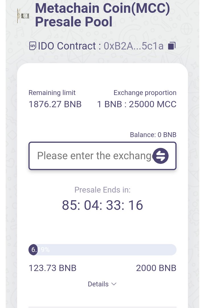 #Metachain #coin #Presale still ongoing. Over 123 BNB sold. Get in before the sell out. Presale link:
metachaincoin.com