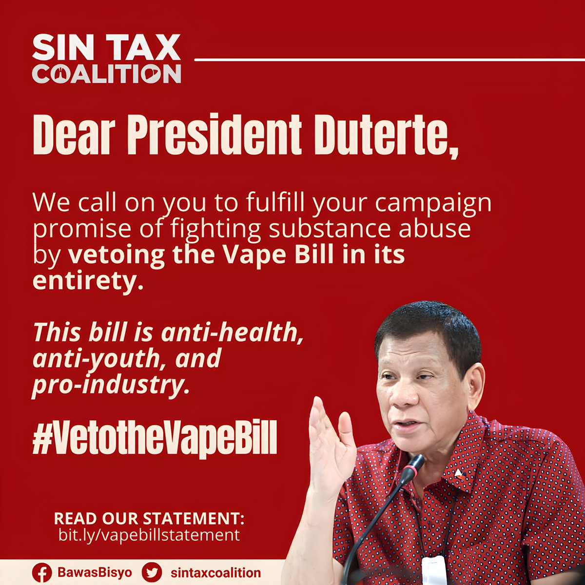 sintaxcoalition's tweet photo. Let us protect our youth and future generations from addiction. We call on Pres. Duterte to VETO the vape bill (SB 2239) in its entirety! #VetoVapeBill 

@SAPBongGo @RRD_Davao @attyharryroque @SecDuque @DOHgovph @karlo_nograles @FDAPhilippines https://t.co/cOO8SXiaTM