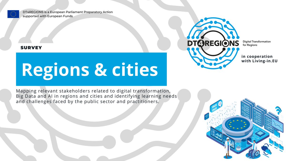 DT4REGIONS (@dt4regions) on Twitter photo 📢 #DT4REGIONS survey created with <a href="/living_eu/">living-in.eu</a> is out!
Regions and cities – take 30 minutes by 04/02 to shape your future #DT4REGIONSplatform – a one-stop-shop for #AI & #BigData solutions for tools & services of public interest.
Make it work for you 👉 bit.ly/3DFcLaV 📢 #DT4REGIONS survey created with <a href="/living_eu/">living-in.eu</a> is out!
Regions and cities – take 30 minutes by 04/02 to shape your future #DT4REGIONSplatform – a one-stop-shop for #AI & #BigData solutions for tools & services of public interest.
Make it work for you 👉 bit.ly/3DFcLaV