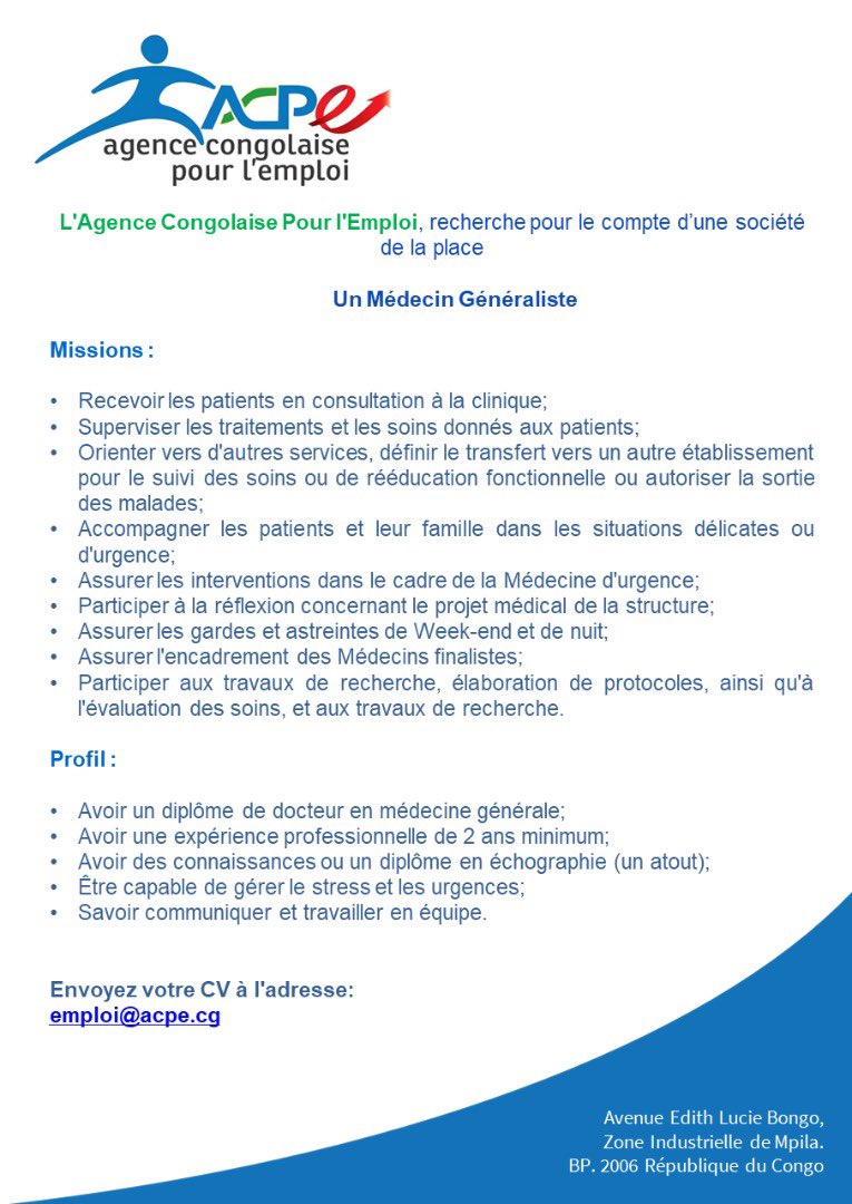 📢 Donnez vous une chance en envoyant votre CV à emploi@acpe.cg en précisant l'offre à laquelle vous postulez dans "l'objet" de votre mail. 
Avant le 25 décembre 2021 

#EnsemblePourlEmploi 🖇💼
#ChezMoiAuCongo