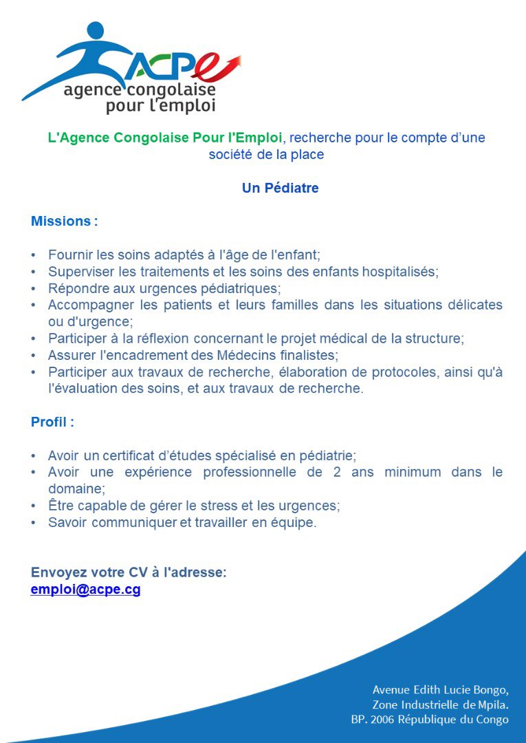 AcpeCg's tweet photo. 📢 Donnez vous une chance en envoyant votre CV à emploi@acpe.cg en précisant l'offre à laquelle vous postulez dans "l'objet" de votre mail. 
Avant le 25 décembre 2021 

#EnsemblePourlEmploi 🖇💼
#ChezMoiAuCongo https://t.co/793AeNZcwj