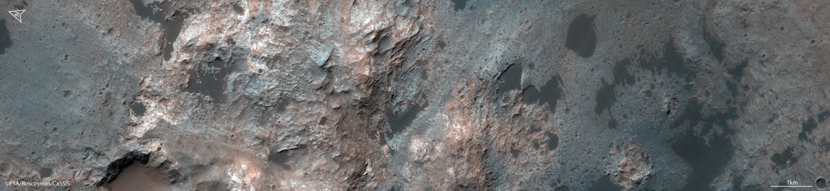 📸Ritchey Crater (309.06°E, 28.13°S) has exposed bedrock, variety of impactites and post-impact materials. RGB images show what you would see but my filters (NIR-RED-PAN-BLU) help differentiate various materials. Can you 👀 the differences ? #Mars #UniBern #ExoMars #ESA #Roscomos