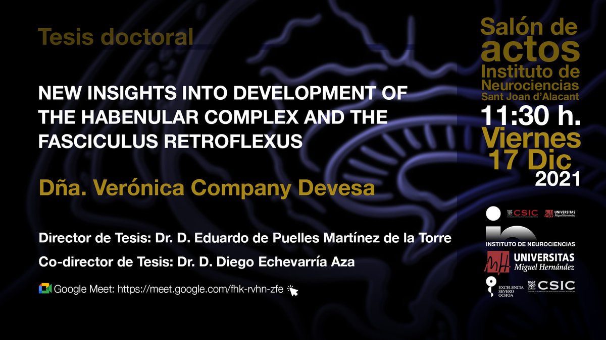 Hoy estamos de enhorabuena en <a href="/NeuroAlc/">Instituto de Neurociencias UMH-CSIC</a> con la celebración de dos defensas de Tesis Doctorales:
🎉Enhorabuena a la Dra Verónica Company <a href="/Verito0o0/">Verónica Company</a> y a su Director de Tesis Dr Eduardo de Puelles <a href="/edepuelles/">Eduardo de Puelles</a> y Co-Director Dr Diego Echevarría <a href="/DEchevarria_Aza/">Diego Echevarria</a> 🎉