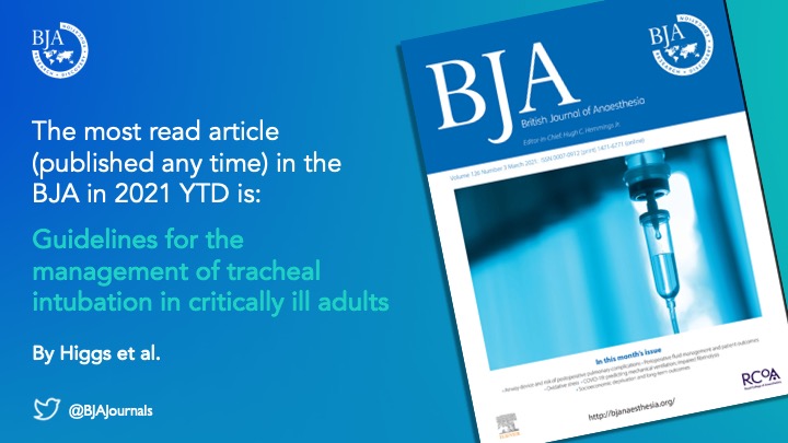British Journal of Anaesthesia (@bjajournals) on Twitter photo The most read article (published any time) in the <a href="/BJAJournals/">British Journal of Anaesthesia</a> in 2021 YTD is 'Guidelines for the management of tracheal intubation in critically ill adults'
<a href="/AndyHiggsGAA/">Andy HIGGS</a> <a href="/doctimcook/">Tim Cook</a> <a href="/BrendanAMcGrath/">Brendan McGrath</a> <a href="/RCoANews/">Royal College of Anaesthetists</a>
bit.ly/3F8iVks The most read article (published any time) in the <a href="/BJAJournals/">British Journal of Anaesthesia</a> in 2021 YTD is 'Guidelines for the management of tracheal intubation in critically ill adults'
<a href="/AndyHiggsGAA/">Andy HIGGS</a> <a href="/doctimcook/">Tim Cook</a> <a href="/BrendanAMcGrath/">Brendan McGrath</a> <a href="/RCoANews/">Royal College of Anaesthetists</a>
bit.ly/3F8iVks