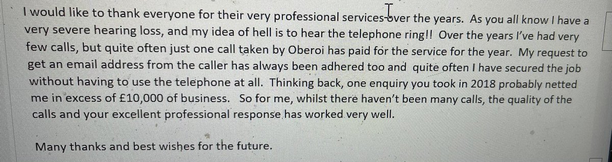 Open & take a read 🤓 client feedback.  'One enquiry you took back in 2018 netted me in excess of £10,000 of business' #callhandling