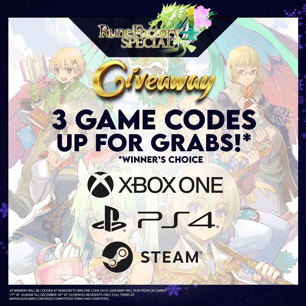 marvelouseurope's tweet photo. 🎁 December #GIVEAWAY number 3️⃣! 🚨

FOLLOW &amp; RT to #WIN one of either three #RuneFactory4Special codes for either #PS4, #XboxOne or #Steam!

ENDS TOMORROW! ⏰

Open only to UK &amp; EU residents. Full T&amp;Cs 👉 https://t.co/ZSCTRtrH73 https://t.co/JE9YuKETh7