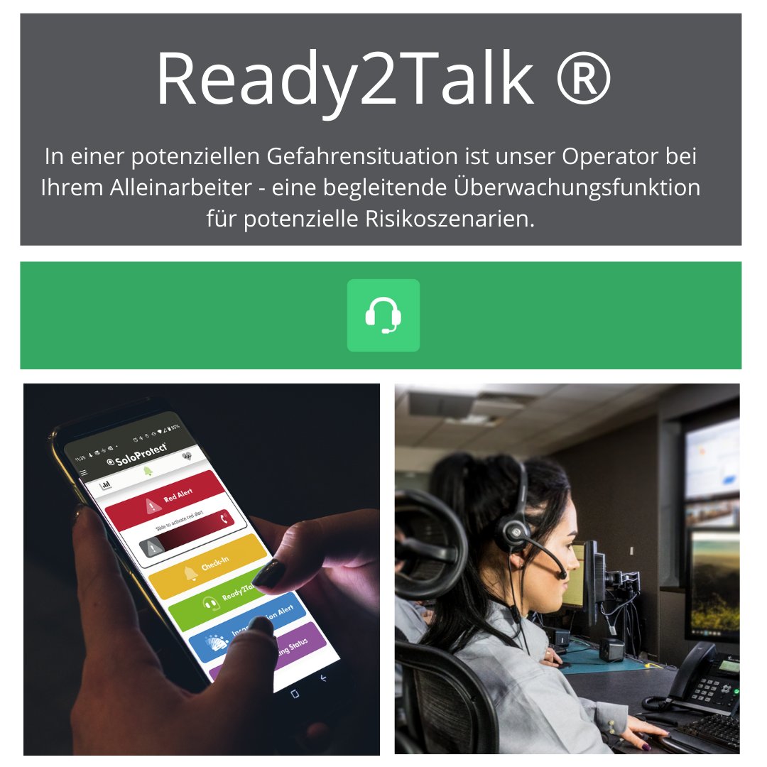 SoloProtectDe's tweet photo. Ready2Talk® ist ein neuer Überwachungsdienst von SoloProtect, der entwickelt wurde, um Alleinarbeitern zusätzliche Sicherheit zu geben, bevor eine Situation den Punkt des "Roten Alarms" erreicht. 

Erfahren Sie mehr: https://t.co/wqiLKxcdhl https://t.co/c6inHyWtJL