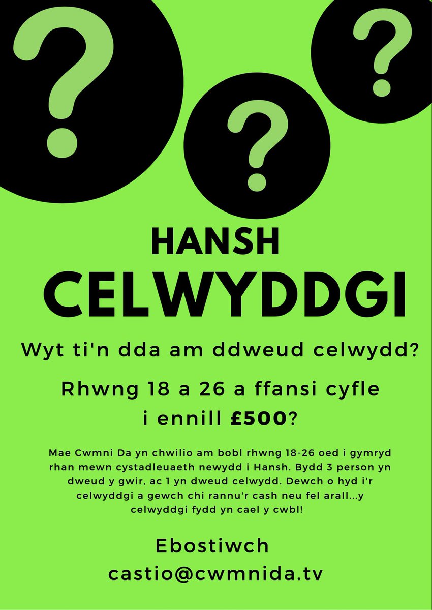 18-26? Apply to take part in a new online series for Hansh/S4C. It is a series that sees 4 people competing for £500, one person will be lying about a certain statement, and the other 3 have to find out who that person is to have any chance of winning the money
⬇️⬇️⬇️⬇️
 <a href="/CwmniDa/">Cwmni Da</a>