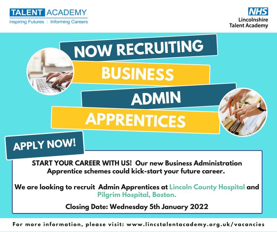 NOW RECRUITING!
𝗕𝘂𝘀𝗶𝗻𝗲𝘀𝘀 𝗔𝗱𝗺𝗶𝗻 𝗔𝗽𝗽𝗿𝗲𝗻𝘁𝗶𝗰𝗲 | Talent Pool Scheme

Lincoln County Hospital | Pilgrim Hospital, Boston

Closing date: 5th January 2022

To find out more or to apply, visit:
lincstalentacademy.org.uk/vacancies/