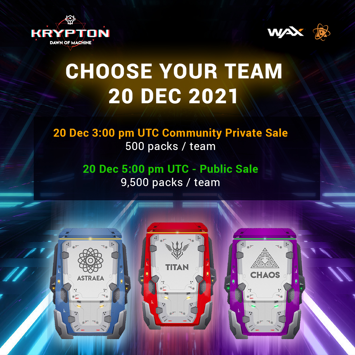 KryptonNft's tweet photo. Please Bookmark :
https://t.co/1hyODvnDwG

Private Sale : 1,500 packs
500 packs / team
Public Sale : 28,500 packs
9,500 packs / team

* In each pack you will get
- 2 random robots NFT
- 1 faction flag NFT

#krypton #P2E #PlayToEarn https://t.co/2BrxFqvfrP