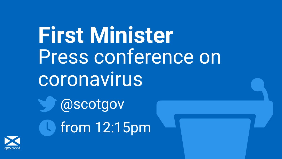 First Minister <a href="/NicolaSturgeon/">Nicola Sturgeon</a> will give a press conference on #coronavirus this afternoon. 📺

Watch live here <a href="/scotgov/">Scottish Government</a> from 12:15pm.