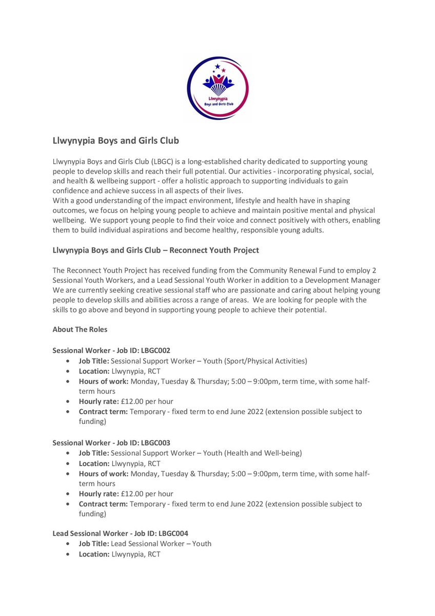 SimonWalters001's tweet photo. Llwynypia Boys and Girls Club are hiring Sessional Support Workers and a Lead Support Worker for their Reconnect Youth Project. £12-14 p/h

Please share this great opportunity with your networks https://t.co/rhiuOrX7uJ