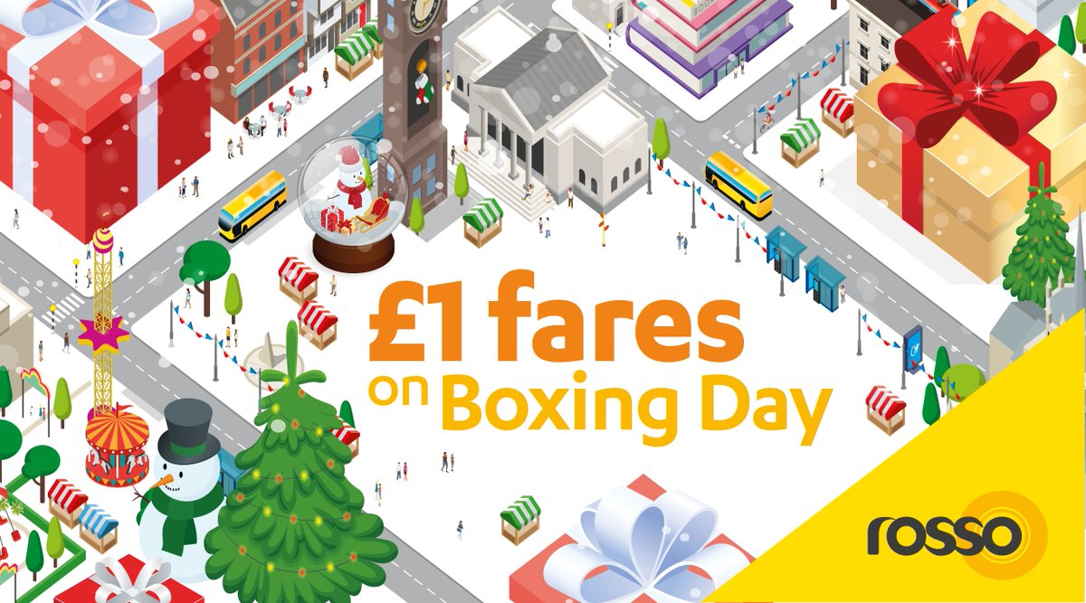 Rossobus's tweet photo. We’re making single fares £1 on Boxing Day!‍ ‍🎄

Take the stress out of the Boxing Day sales and catch the bus with us! 🚌🛍️

Read more and find our Boxing Day timetables here 👉 https://t.co/9MYdK5NIIH https://t.co/cO6tbUwNgM