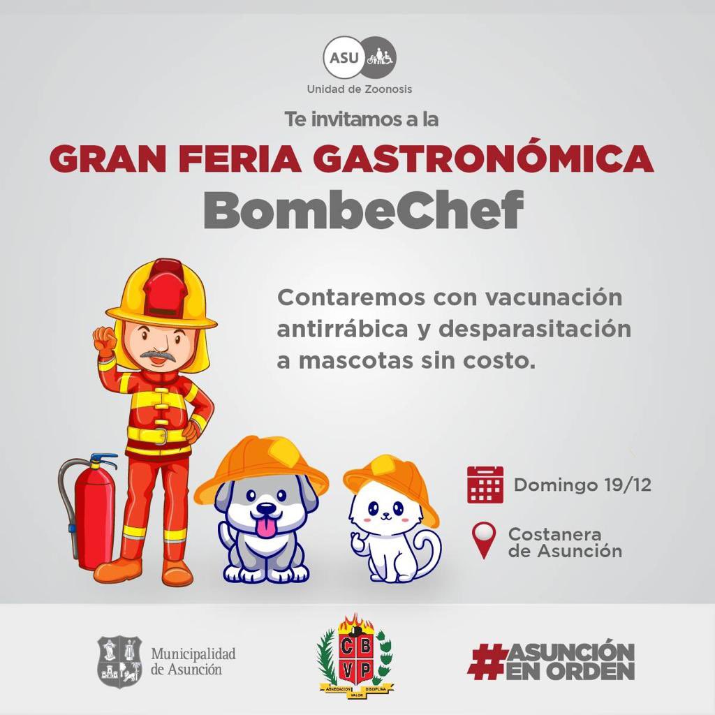 AsuncionMuni's tweet photo. Este domingo te esperamos en el #BombeChef 🚒 de 8 a 11:30 hs, para la vacunación y desparasitación de tu peludito 🐶😸
¡No te olvides de su libreta! https://t.co/IL4vICtJCL