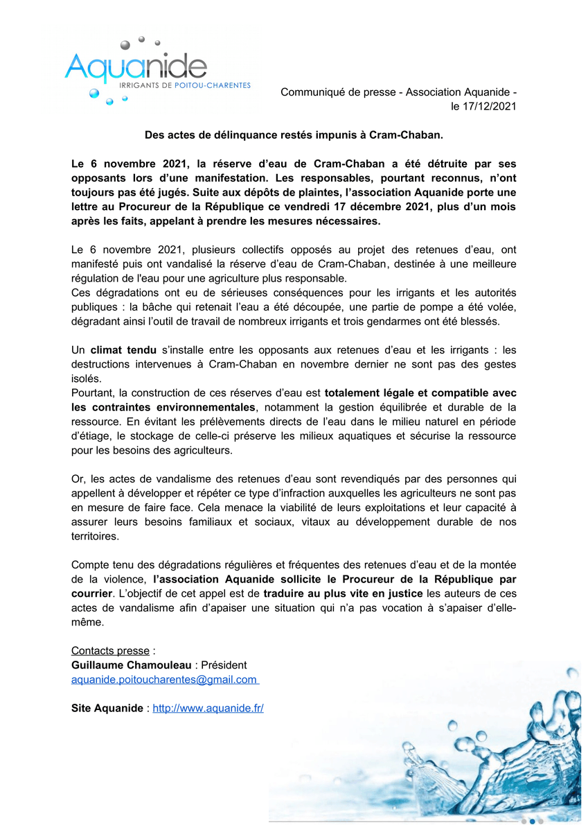 l'association <a href="/Aquanide/">Aquanide</a> fait appel à la justice pour prendre les mesures nécessaires face aux actes de vandalisme à la réserve d’eau de Cram-Chaban, survenues le 6 novembre 2021. #soutienauxagriculteurs