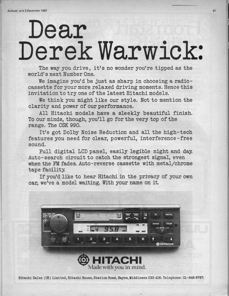 flaneurUK's tweet photo. #HiFiFriday December 1983 - Hitachi CSK 990 and a letter to Derek Warwick. I hope he got a free one, fitted! https://t.co/lA8VvScWQn
