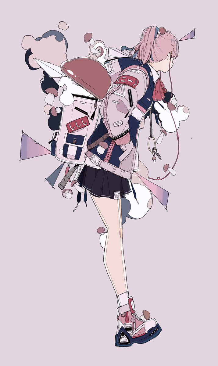 1girl solo skirt flat color pink hair backpack simple background  illustration images