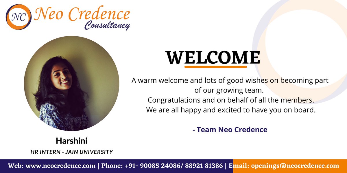 We look forward to achieving our next milestone together. Welcome to Neo Credence Family!

#welcome #congratulations #newjob #HR #career #bangalore #hrrecruiter #recruitment #opportunity2021 #opportunity #hrinternship @Internshala