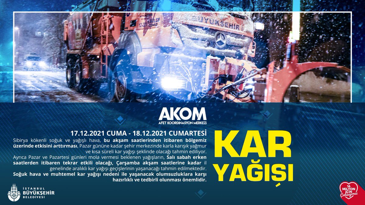 ⚠️❄️KAR YAĞIŞI UYARISI
Sibirya kökenli soğuk ve yağışlı hava, bu akşam saatlerinden itibaren bölgemiz üzerinde etkisini arttırması, Pazar gününe kadar şehir merkezinde karla karışık yağmur ve kısa süreli kar yağışı şeklinde olacağı tahmin ediliyor.