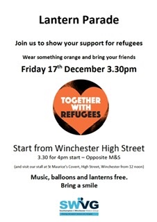 🧡 Show your support for refugees 🧡

Join us at our lantern parade in Winchester at 3.30pm today, to call for a fair and humane asylum system.  

Wear orange and bring your friends! 🧡 #RefugeesWelcome #RefugeeForum #Refugees  

More details below ⬇️