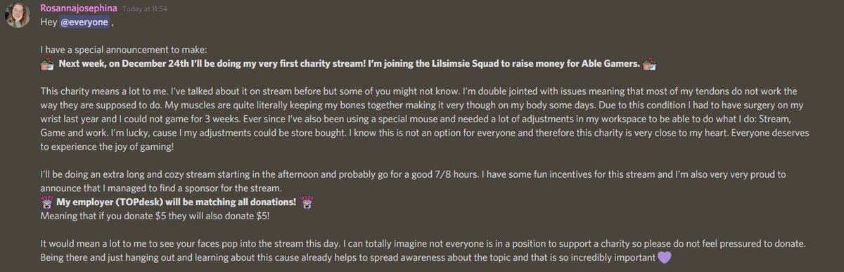 RosannaTxt's tweet photo. ✨Exciting announcement✨
On the December 24th I'll do my first charity stream ever! I'm joining the @lilsimsie Squad to raise money for @AbleGamers.
Very proud to announce @TOPdesk will be matching donations! This charity means a lot to me personally💜#Spawn2Gether https://t.co/tBSfcakurJ