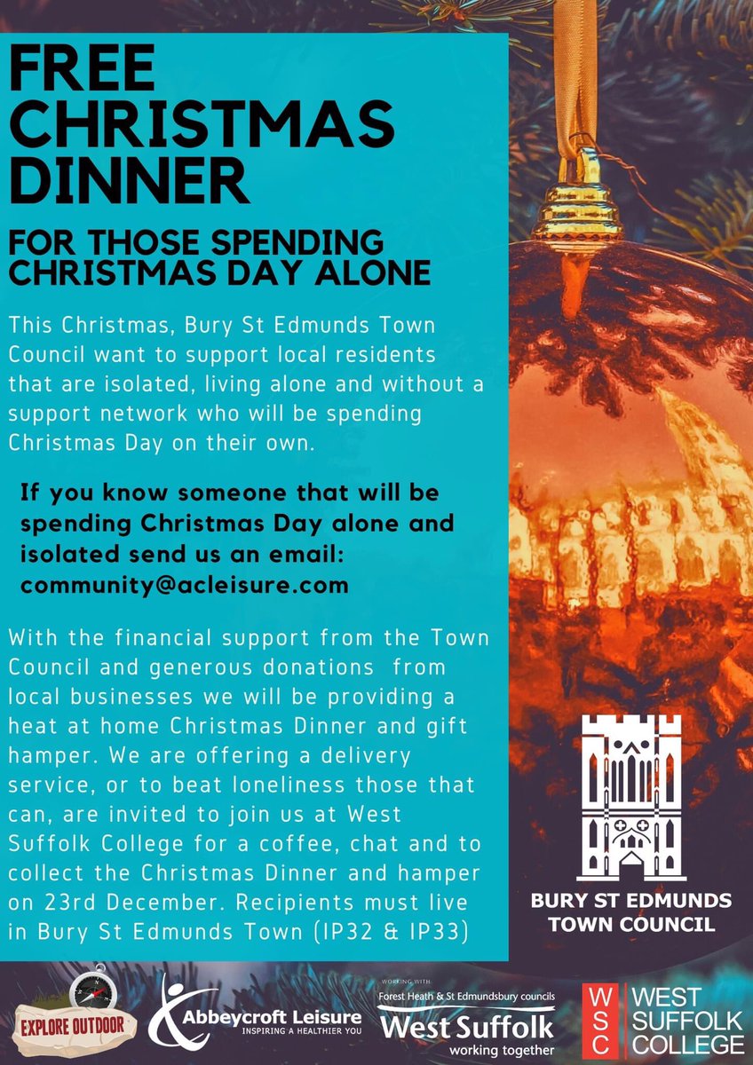 WestSuffolk's tweet image. We're proud @edmundsWSC is part of this, making 150 FREE Christmas Dinners with trimmings &amp;amp; dessert, home delivered on Thu 23 Dec.

If you know someone who lives in #BuryStEdmunds (IP32 or IP33), spending Christmas Day alone, email to make a referral: community@acleisure.com