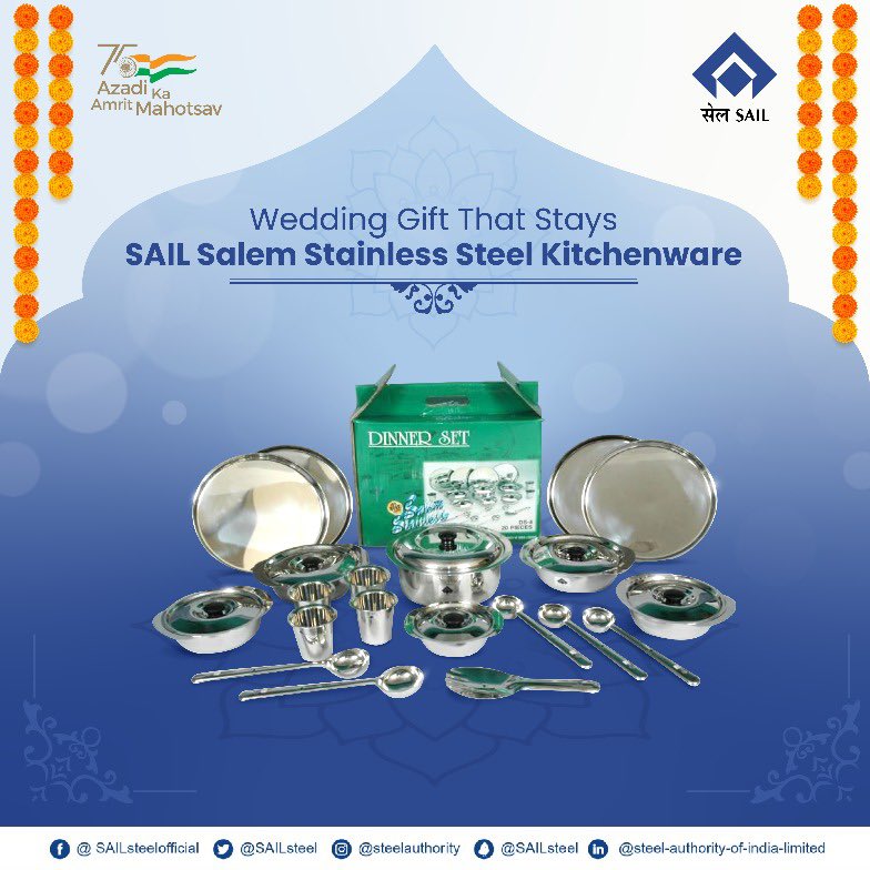 SAILsteel's tweet photo. This wedding season give a wedding gift that stays forever. Select from a wide range of SAIL's Salem Stainless Steel kitchenware.
#SteelKiSaugaat #SaugaatSteelKi #GiftThatLasts #SteelGiftStays https://t.co/rp0ovXgoN0