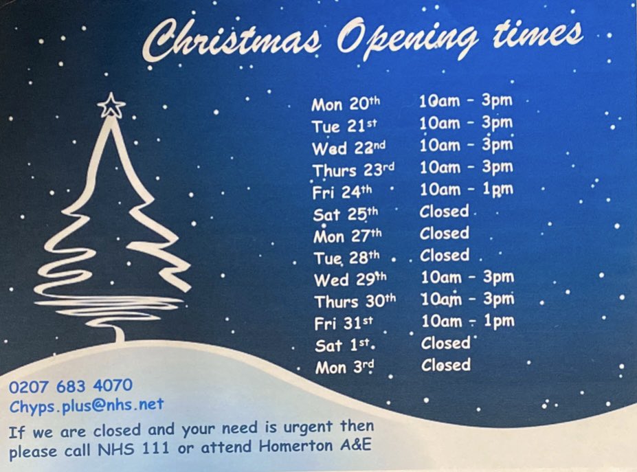 YP_Clifden's tweet photo. 🎅🏻 See below for CHYPS opening times during the festive period, walk-in &amp; appointments available for the times shown.

❄️ Wishing all our young people a very Merry Christmas &amp; Happy New Year ❄️ https://t.co/Liv7a3jnov