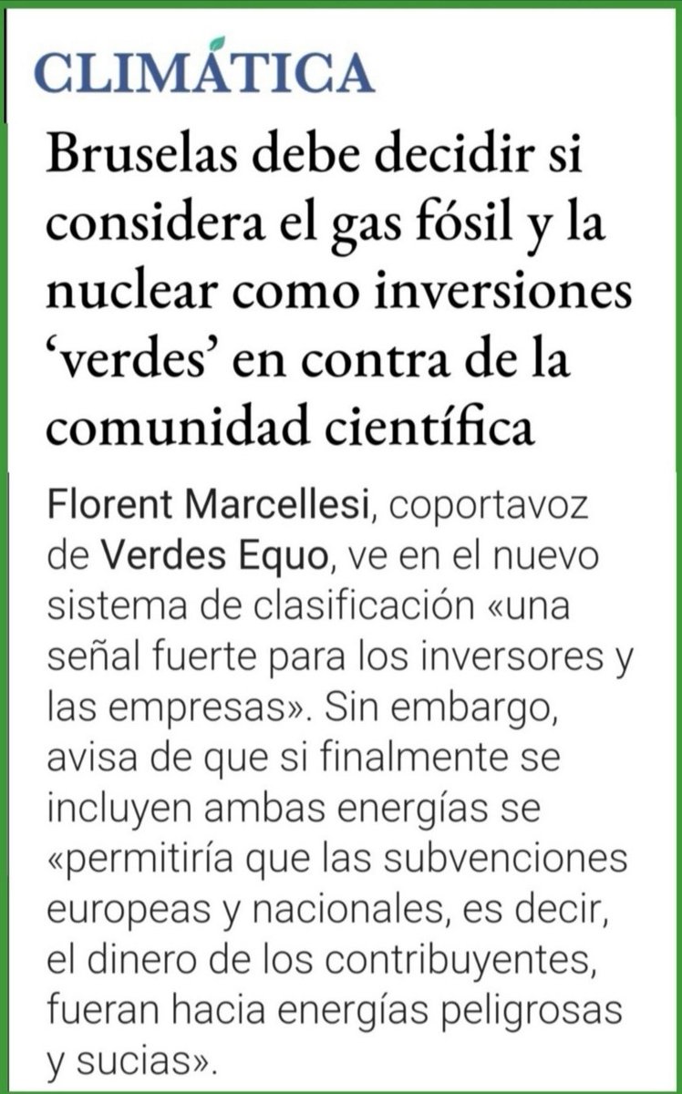 PartidoVerde_es's tweet image. "La energía nuclear ☢️ y el gas fósil ⛽ no son energías verdes. No al greenwashing. Llamamos la Comisión Europea y a los Estados Miembros a mandar una señal clara en contra de las energías sucias y a favor de las  renovables", @fmarcellesi en @LMClimatica, vía @EduRobayna 📰👇