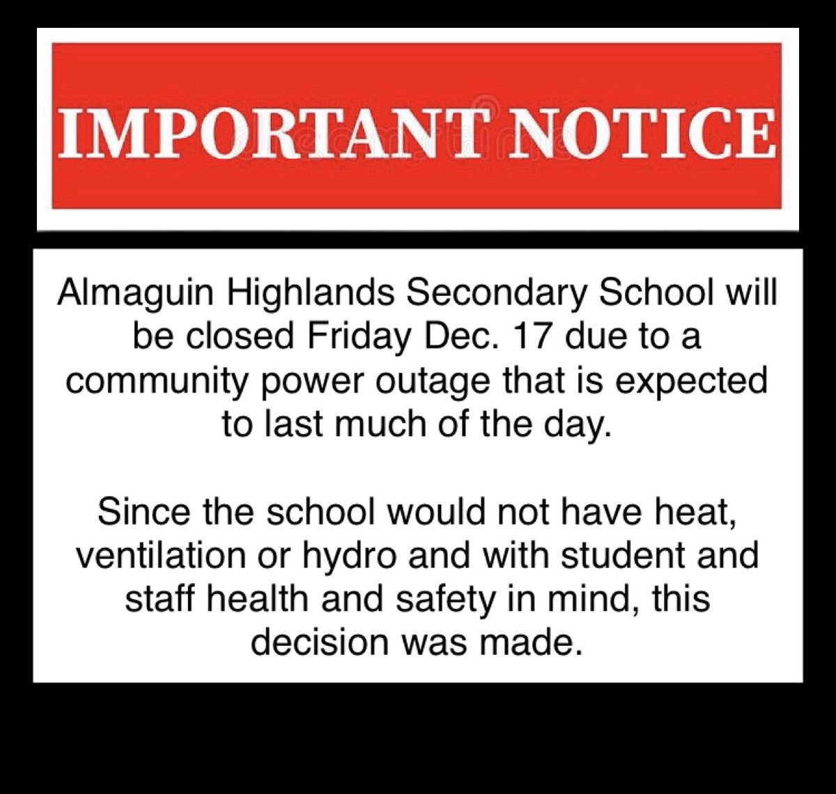 SCHOOL CLOSURE - FRIDAY DECEMBER 17