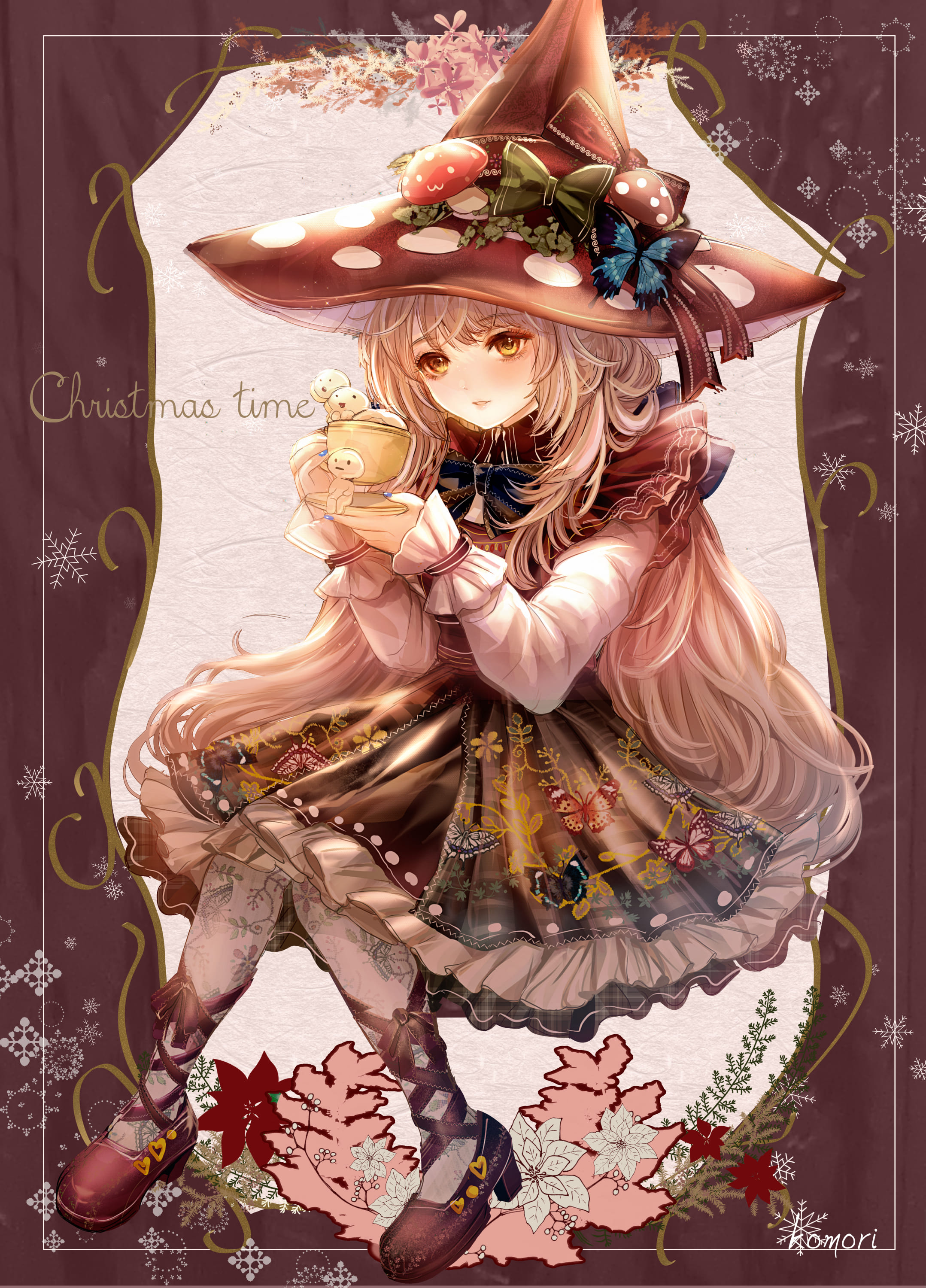 こもりひっき 幻想少女絵 クリスマスカフェタイム 背景なし版 クリスマスの日 ゆったりと魔法のお茶を 楽しむ魔女の 女の子をイメージした ロリータコーデイラストです クリスマスイラスト ロリィタコーデ イラスト王国 Merrychristmas