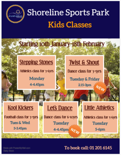 JANUARY CLASSES FOR 2022
⚽🏃‍♀️🤸🤾
Our kids classes offer huge variety, from dance and athletics to football.

6 week term for €42, or €8 for a trial

To book, call us on 01 201 6145