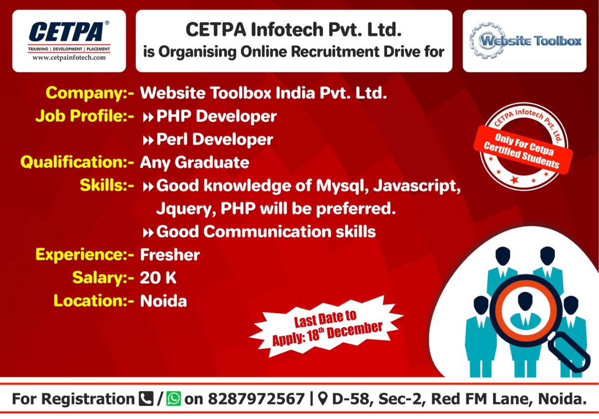 cetpainfo's tweet image. #CETPA Infotech Pvt. Ltd. Is Organising Online Recruitment Drive for Website Toolbox India Pvt. Ltd.
👉 18th Dec 2021
🔗 applyjob.cetpainfotech.com/JobPortal/Job-…
📱8287972567
#PHPDeveloper #PerlDeveloper #Job #JobSeekers #JobVacancy #JobOppertunities #OnlineRecruitmentDrive