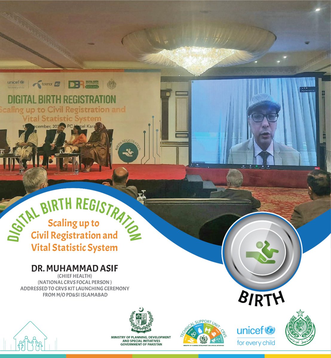 TSU_CRVS's tweet photo. Dr. Muhammad Asif #Chief_Health @PlanComPakistan has addressed to #CRVSKitLaunchingCeremony conducted by @UNICEF_Pakistan Karachi Office.
Chief Health dwelt light on the significance of #Civil_Registeration and enlightened the participants about #CRVS_Reforms and #StrategicPlan. https://t.co/MjQ52uImhL