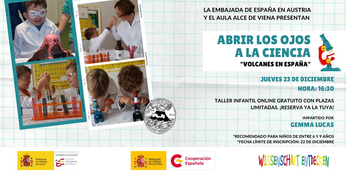 🌎El 23 de diciembre a las 16:30 presentamos “Abrir los ojos a la ciencia”💡👀 un taller infantil online en colaboración con <a href="/educacionCHyAT/">Consejería de Educación en Suiza y Austria</a>. 
Inscríbete antes del 22 de diciembre en alce.viena@educacion.gob.es para descubrir el interesante mundo de los volcanes. ¡Te esperamos!🌋