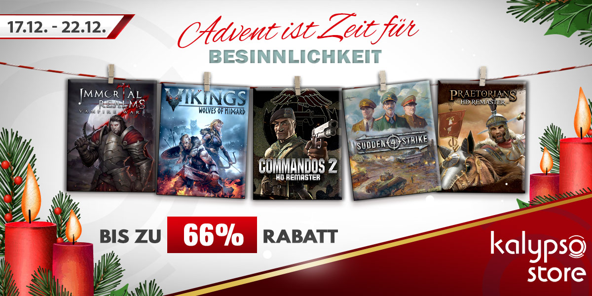 kalypsomediaDE's tweet photo. Advent, Advent, das vierte Lichtlein brennt! Lasst nichts anbrennen: In der letzten Adventswoche erwartet euch jede Menge taktische Feuergefechte – unter anderem #Commandos2HD Remaster und #SuddenStrike4 in unserem 4. Advents-Sale:
🎄 https://t.co/qB1mGr1FNj 🔥 https://t.co/1HWq8WjUn2